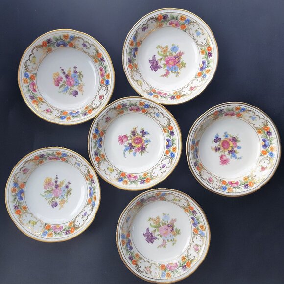 Dresden Flowers Bavaria Germany VTG 1940s Set of 6 Desert Bowls 5 1/8 Diameter - Picture 2 of 14